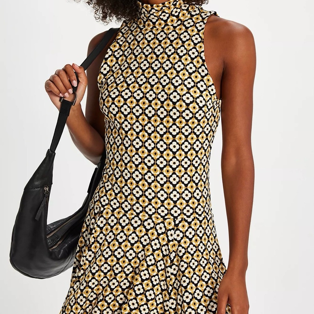Free People Black and Yellow Floral Mock Neck Mini Dress